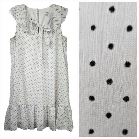 Calvin Klein White Dot-Print Babydoll Dress Ruffle Bow Tie Flutter Sleeve Formal - Picture 1 of 16